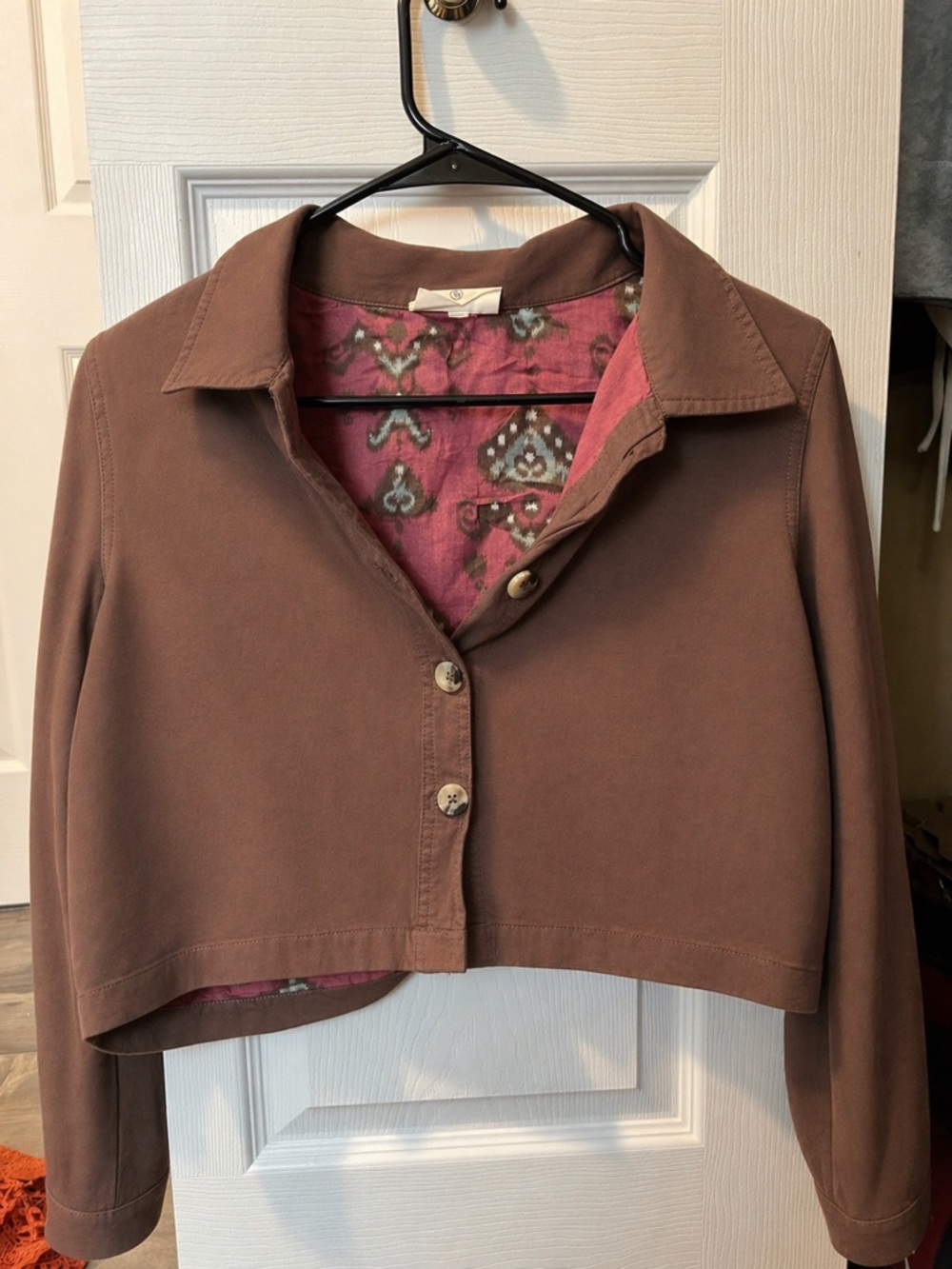 Women’s Brown Button-Down Crop Shirt with Pink Patterned Lining